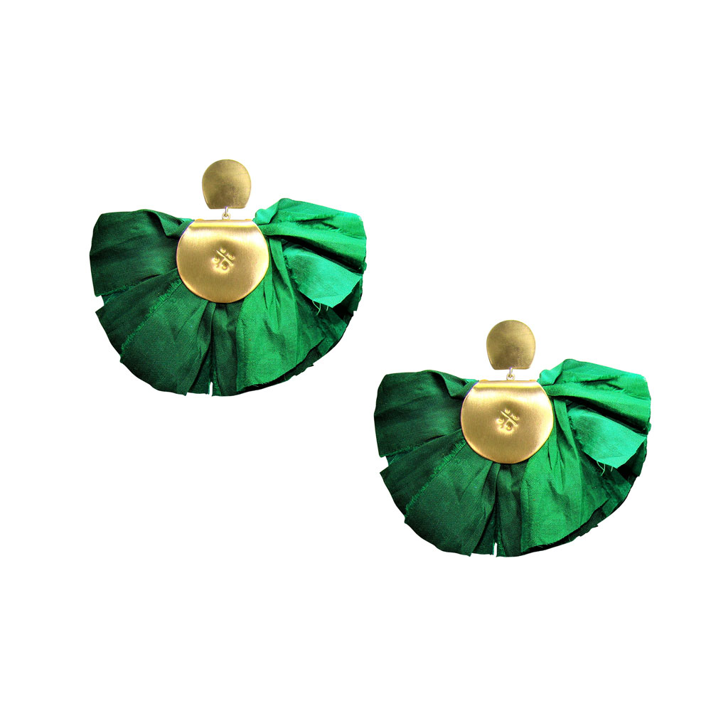 Big silky fan earrings / green